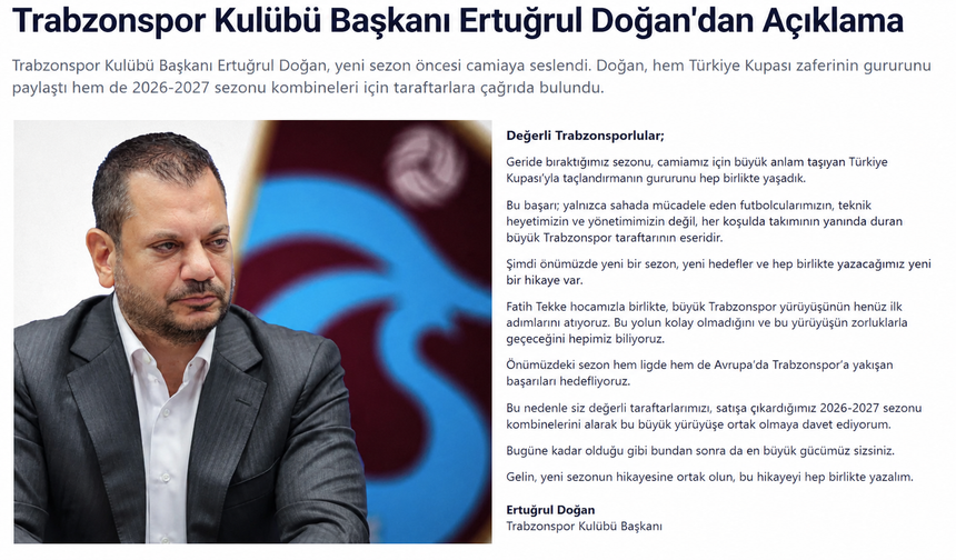 TRABZONSPOR BAŞKANI ERTUĞRUL DOĞAN’DAN TARAFTARA ÇAĞRI